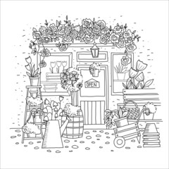 Cute summer and spring flower shop with roses, tree, door and window. Hand drawn coloring page.