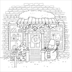 Cute christmas toys shop with snomen, tree and light. Hand drawn coloring page.