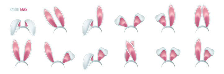 Rabbit ears realistic 3d vector illustrations set. Easter bunny ears kid headband, mask collection. Hare costume pink cartoon element. Photo editor, booth, video chat app color isolated cliparts