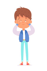 Cute boy covering eyes with arms, shyness action of surprised kid with funny face