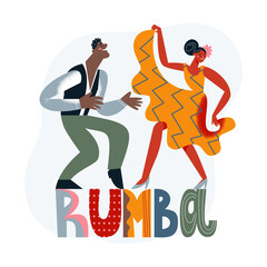 Rumba dance to latin music of couple people, motion of dancers and rumba lettering - obrazy, fototapety, plakaty
