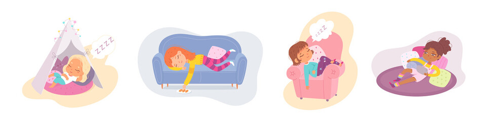 Lazy boys and girls sleep set, funny children laying asleep, leisure of sleepy little kid