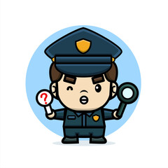 cartoon cute police hold on magnifying glass and forbid sign board