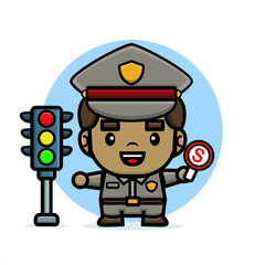 cartoon police stop people with forbid sign and traffic light