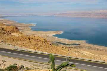 Top view from Masada fortress to the Judean desert and the Dead Sea. High quality photo