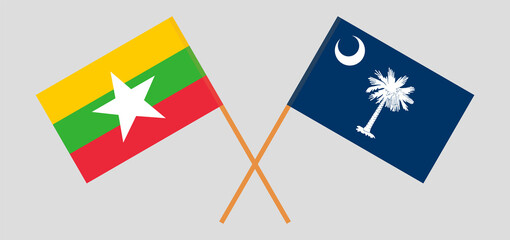 Crossed flags of Myanmar and The State of South Carolina. Official colors. Correct proportion