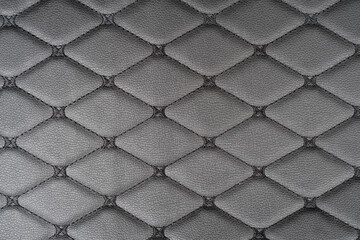 Black leather texture. Part of perforated leather details. Black perforated leather texture background. Texture, artificial leather with diagonal stitching.