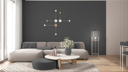 Cozy gray and wooden living room in modern apartment, velvet sofa with pouf and table with potted flowers, parquet, carpet, big window, and floor glass lamp. Interior design idea