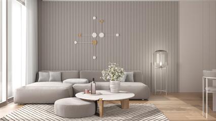 Fototapeta premium Cozy beige and wooden living room in modern apartment, velvet sofa with pouf and table with potted flowers, parquet, carpet, big window, and floor glass lamp. Interior design idea