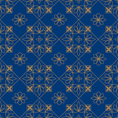 Seamless geometric pattern of rhombuses and flowers in gold on white, blue and black backgrounds. Vector illustration EPS8