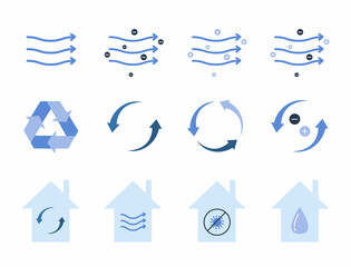 Set of flat illustrations of air purifiers. Streams of air circulation in the house. Humidification of the air in the house. Ionization system. Design elements for banner, poster, social media