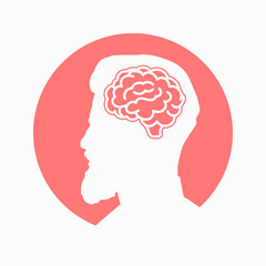 Human brain on men head red icon for apps and websites on white background. Vector clipart illustration