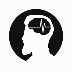 Illustration of human brain encephalography medical vector icon on human head isolated on white background. Stroke, epilepsy and Alzheimer s awareness, seizure disorder, stroke, ADHD