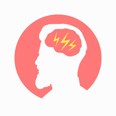 Migraine linear icon. Human head with lightning bolt. Thunderclap head. Temple pressure, pain. Flu symptom. outline symbol. Vector illustration isolated outline drawing in red and yellow color
