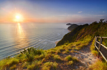 Morning scenery from a hill with beautiful sunrise colors