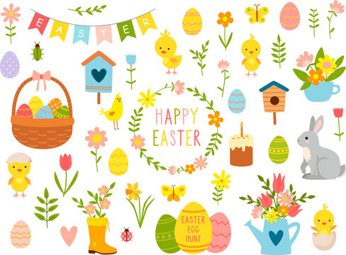 Set of cute Easter cartoon characters and design elements. Easter bunny, chickens, eggs, and flowers. Vector illustration.