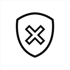 Shield check mark false icon or security shield danger protection icon with cross symbol. Vector clipart illustration