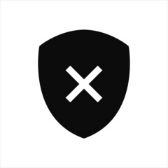 Shield check mark false icon or security shield danger protection icon with cross symbol. Vector clipart illustration