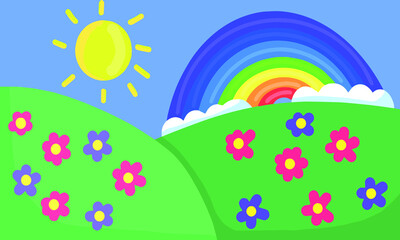 Fototapeta premium Children's summer illustration for postcards, posters, stickers, drawings. Sun, rainbow, flowers are an element of vector design. Ideal for stickers, banners. summer illustration.