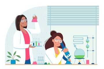 Scientist at work, characters conducting experiments in lab. Chemical laboratory research. Vaccine discovery concept. Scientists with flasks and microscope working. Vector illustration in flat style.
