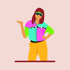 Fashionable girl in colorful trendy shirt and vintage retro sunglasses enjoys style of 80s-90s vibes. Colored flat vector illustration.