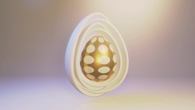 White egg shell and a golden dotted egg rotate on a bright background. 3D render of a happy easter egg. Animation in 4K