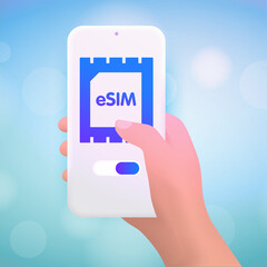 eSIM technology 3d vector illustration concept. Embedded SIM electronic phone sim card. Cartoon hand holds the smartphone on the screen esim card logo and the switch to turn on the service