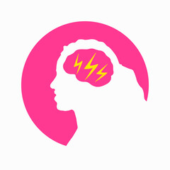 Migraine linear icon. Woman head with lightning bolt. Thunderclap head. Temple pressure, pain. Flu symptom. outline symbol. Vector illustration isolated outline drawing in pink color