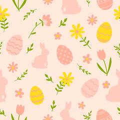 Materiał do szycia Easter seamless pattern with bunny, eggs, and flowers. Vector illustration.
