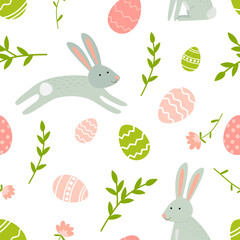 Easter seamless pattern with bunny, eggs, and flowers. Vector illustration.