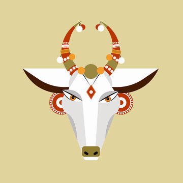 Illustration Of A Decorated Cow Head. A Symbol For Indian Religious Festivals