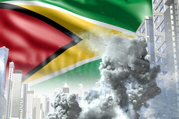 big smoke pillar in the modern city - concept of industrial disaster or terroristic act on Guyana flag background, industrial 3D illustration