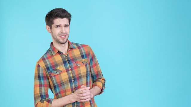 Guy dislike dirt smell empty space isolated blue color background