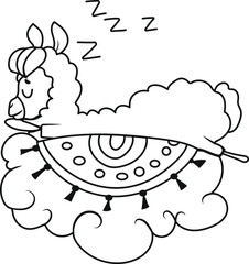 coloring book cute llama sleeps on a cloud with a plaid