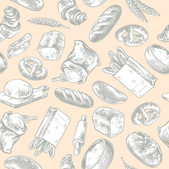 Bread Seamless Pattern in Outline Hand Drawn Doodle Style.  Vintage vector engraving illustration for web, poster, invitation to party.