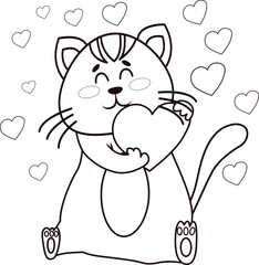 the cat gently hugs the heart and the stars fly around coloring book