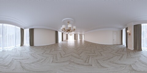 3d gallery room illustration spherical 360 vr degrees, a seamless panorama of the room and interior design, 3D rendering