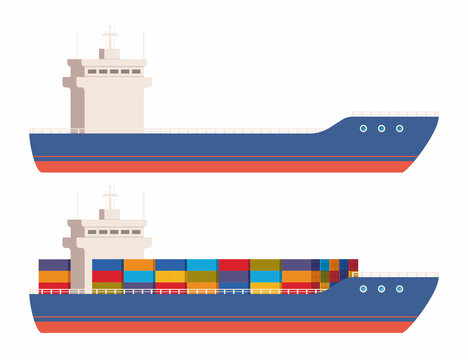 Cargo ship with containers and empty. Delivery, transportation, shipping freight transportation. Logistics concept vector illustration.