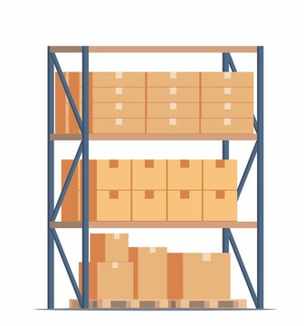 Warehouse. Storage. Shelvings with cardboard boxes. Warehouse racks. Vector flat illustration.