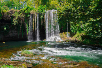 Summer landscape with big waterfall. Duden waterfalls in Antalya. front view.