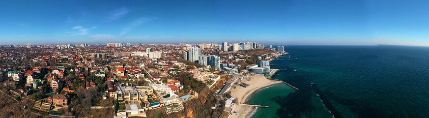 Fototapeta na wymiar Air panorama the urbane landscape with Black Sea coastline and 10 stage of Big Fontaine in Odessa Ukraine..