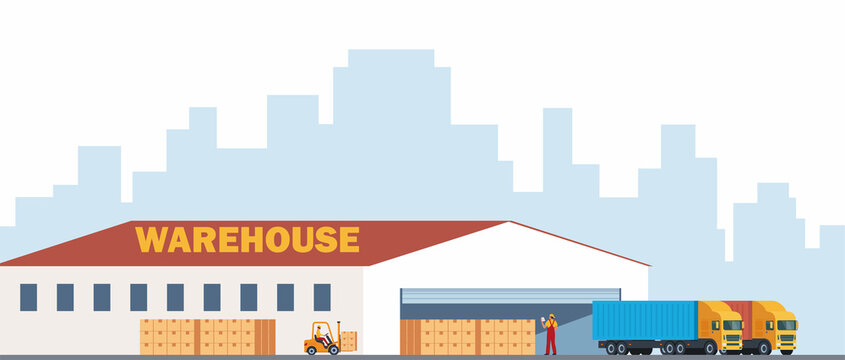 Warehouse, outside view. Warehouse facade, trucks, forklift, stacks of boxes, city in the background. Logistics concept. Vector illustration.