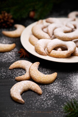 Plate of Traditional German or Austrian Vanillekipferl vanilla kipferl cookies