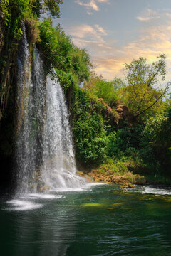 Summer landscape with big waterfall. Duden waterfalls in Antalya. Side view. © Yasin