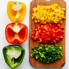 Chopped Fresh Colored Peppers on a Rustic Wooden Board, top view. Flat lay, overhead, from above.