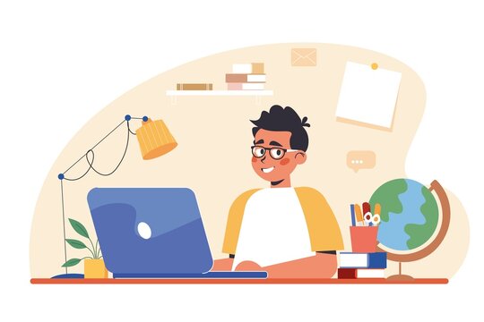 Boy studying with computer and books or doing homework. Online education or learning concept. Children using PCs and laptops at home. Distance learning. Back to school, flat style vector illustration