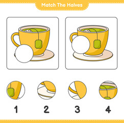 Match the halves. Match halves of Tea Cup. Educational children game, printable worksheet, vector illustration