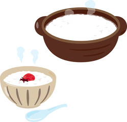 土鍋と茶碗に入ったお粥
