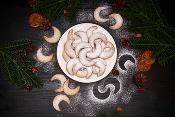 Plate of Traditional German or Austrian Vanillekipferl vanilla kipferl cookies