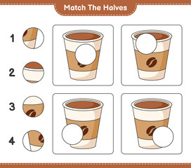 Obraz premium Match the halves. Match halves of Coffee Cup. Educational children game, printable worksheet, vector illustration